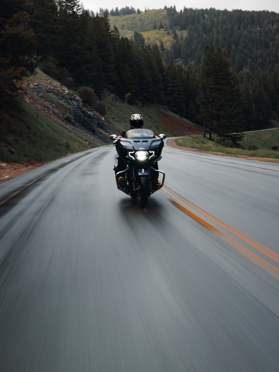 Indian Motorcycle on Wet Highway with ROKFORM Pro Series Perch Phone Mount